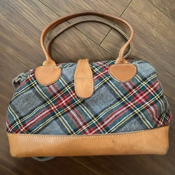 Elegant Plaid Satchel with Tan Leather Trim - Picture 3 of 8